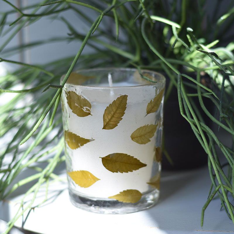 Glass Votive With Leaves Vanilla Candle
